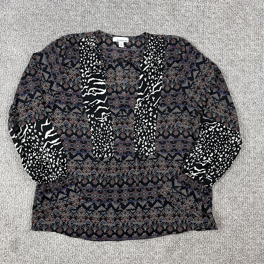 Allison Joy Blouse Womens Small Black White Boho Geometric Mixed Print Top USA